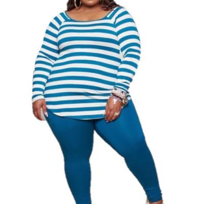 China Plus Size Plus Size Long Sleeve Striped Ladies' Blouses With Gaiters 2 Piece Set Women's Running Wear for sale