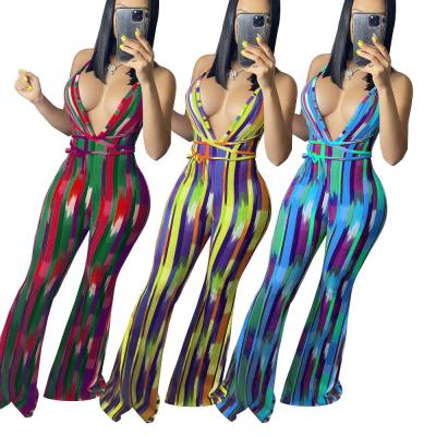 China Breathable Slim Stripe Printed Bandage One Piece Deep V-Neck Backless Overalls for sale