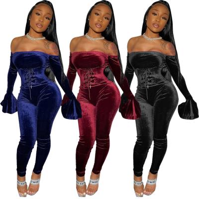 China Fal 2021 Breathable Set Tracksuits Off Ruffles Sleeve Shoulder Bodycon Pants Two Piece Set For Women for sale