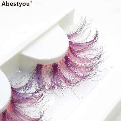 China Abestyou Colorful Messy Mink Lashes 25mm Length Long Purple Color Cosplay Make Up Lashes Clear Strip Mink Lashes Soft for sale