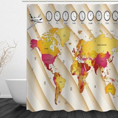 China QJMAX Sustainable High Quality Airplane Clock World Map Printed Shower Curtain for sale