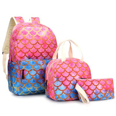 China Anti-Theft 3pcs in One Student School Lunch Bag Set Promotion Children School Bag Set Mermaid Design Girls Student Backpack Set for sale