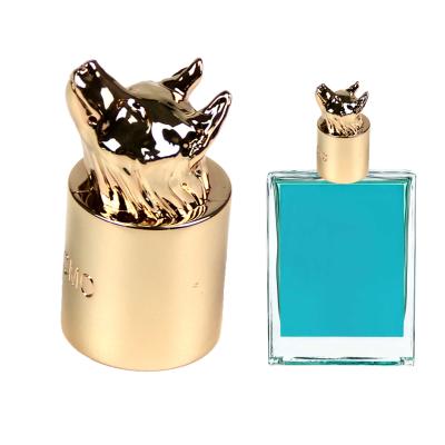 China Antique Barcode Wolf Head Shape 3d Perfume Capsule 15mm Gold Perfume 50ml Square Bottle Black Cap for sale