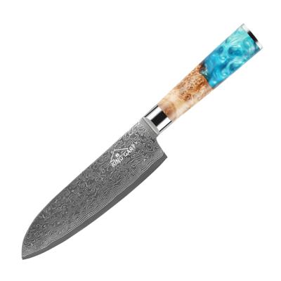 China 7 Inch Damascus Santoku Knife Damascus Stainless Steel Viable Steel Kitchen Knife With High Resin Handle for sale