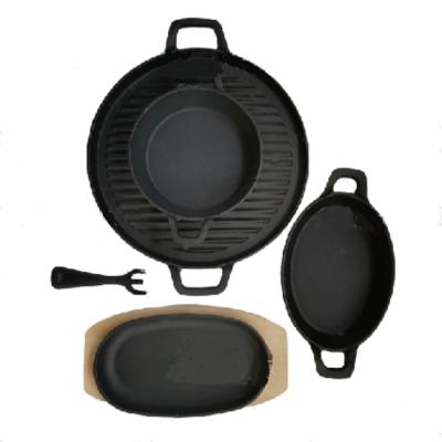 China Sustainable Cast Iron Dutch Oven Griddle 4pcs Set With Small Fork For Home Camping for sale