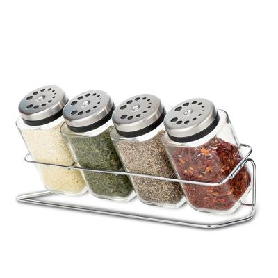 China Kitchen Spice Viable Glass Jar Square Airtight Metal 180ML Bottles Steel Rack For Herb Seasoning Storage Jar Box Rack for sale