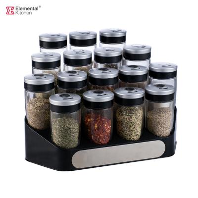 China Viable Kitchen Container Food Grade Spice Jar Organizer Glass Seasoning Packaging Set With Stand Spice Shaker Condiments Bottle Volume for sale