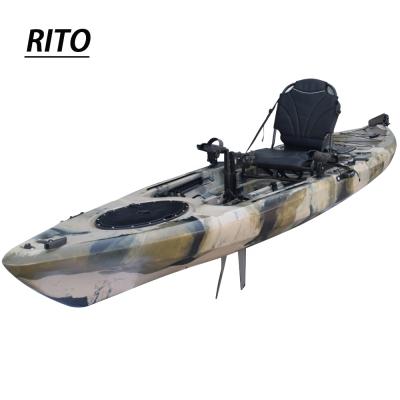 China LLDPE factory 13ft fin sit on pesca top single seat fishing foot pedal kayak with cheap prices for pedal drive system for sale