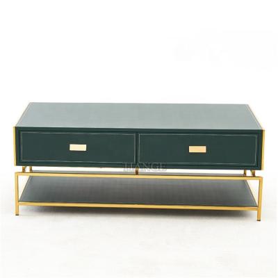 China Contemporary Luxury Modern Home Furniture Rectangular Metal Storage Metal Storage Brass Leather Coffee Table for sale