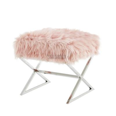 China Modern Light Luxury Steel Base Furniture Fur Ottoman Pink Gold Stool For Home for sale