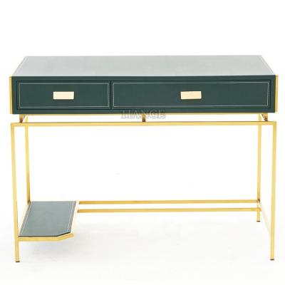 China Luxury Contemporary Modern Kitchen Furniture Antique Brass Metal Levi Dressing Table Green Leather Make Up for sale