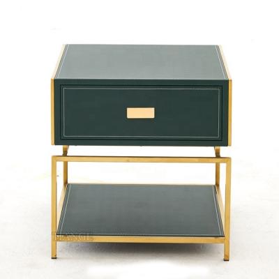 China Modern Upholstery High Quality Luxury Modern Living Green Leather Nightstand Furniture Bedroom End Side Brass Table for sale