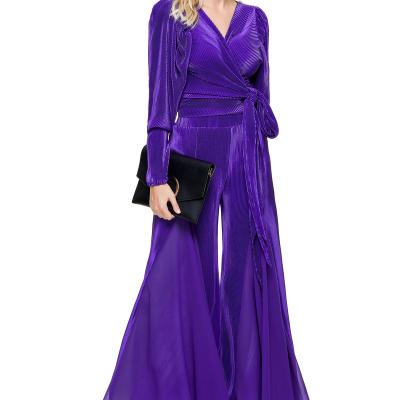 China Latest Satin Elegant Style Breathable Purple Pleated Pant Suit for sale