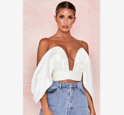 China Solid Color Sexy Manufacturer Anti-pilling Bow Backless Bottom Shirts Summer Cut Out Sexy V-Neck Club Women Breath Sleeve Top Shorts Clothes Tube Top for sale