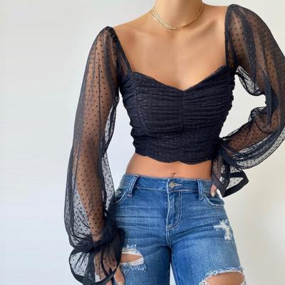 China Wholesale Sexy Lady Breathable Square Neckline Dot Mesh Runched Black Crop Top for sale