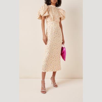 China Breathable Style Women Clothing Female Wears Floral Print Bodycon Puff Sleeve Midi Dress for sale