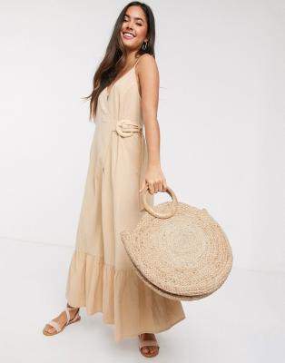 China Long Maxi Dress With Wicker Belt 100% Breathable Loose Canvas Cami Wrap for sale