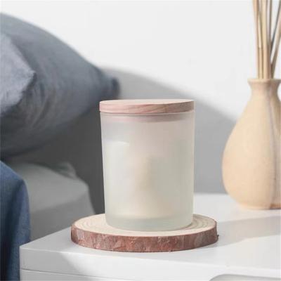 China Home Decoration Luxury Frosted Glass Candle Jars With Wooden Lid For Candle Making Jars For Candle for sale