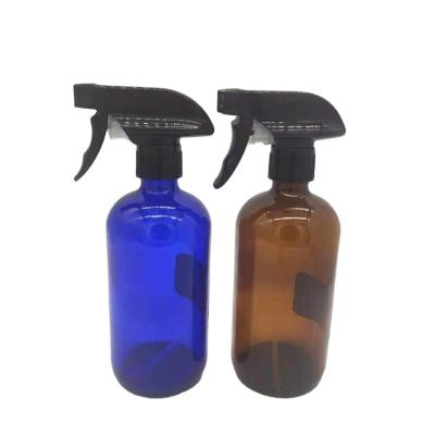 China Personal Care 16oz 480ml Boston Amber Blue Glass Bottle With Trigger Sprayer For Flower Watering for sale