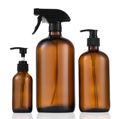 China Personal Care 4oz 8oz 16oz Boston Amber Glass Bottle With Pump Sprayer For Lotion for sale