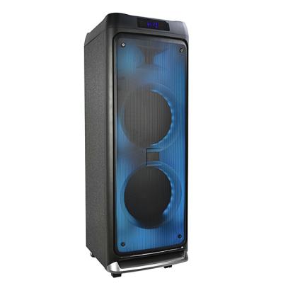 China None Manufacturer Wooden Speakers Dual 12 Inch Portable Party Speaker Karaoke Cart Speaker With Fire Light for sale