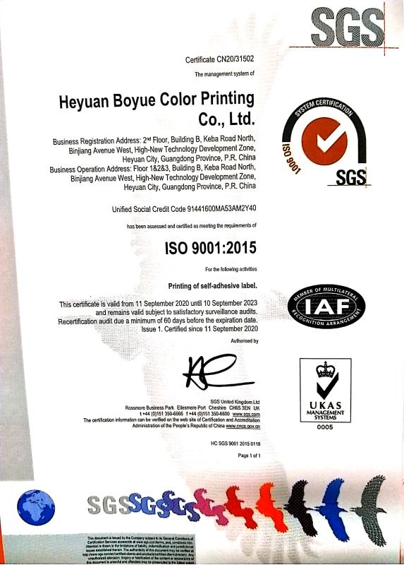 ISO9001 - Heyuan Boyue Color Printing Co., Ltd.