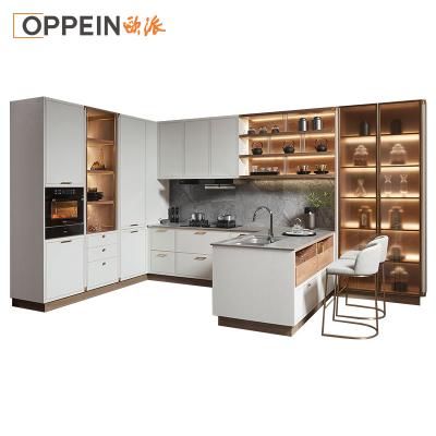 China OPPEIN New Modern Designed Wood Grain With Aluminum Frame Glass Door Sideboard for sale