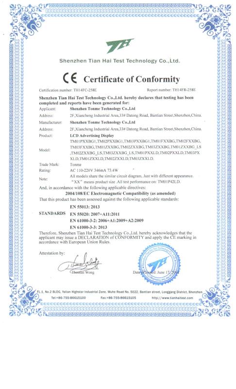 CE CERTIFICATE - Shenzhen Tonme Technology Co.,Ltd