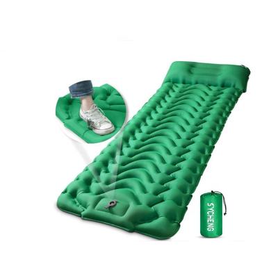 China Comfortable Durable Inflatable Automatic Light Weight Cushion Beach Feel Protective Sleep Extra Thick Self Inflating Foam Camping Mat With Pillow for sale