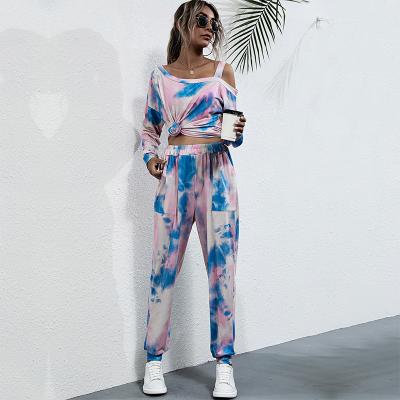 China Breathable New Arrival Print Tie Dyed Off-Shoulder Long Sleeve T-Shirt And Pants Suit Fashion Sports Two-piece Suit for sale