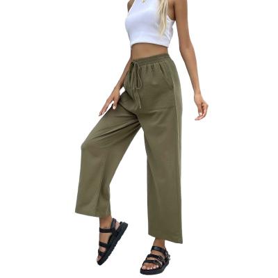 China Breathable Solid Color Summer Casual Bubble Fabric Wide Leg Flare Pants Women for sale