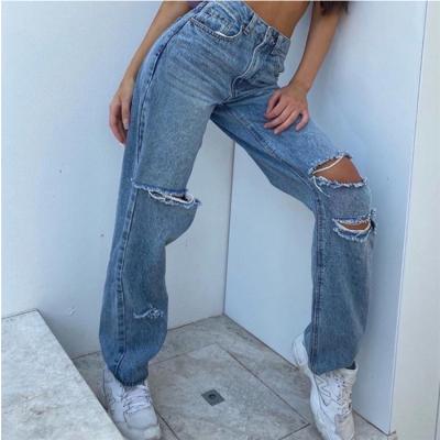 China Summer Breathable Straight Pants Women High Waist Holes Loose Plus Size Oversized Female Jeans Trousers for sale