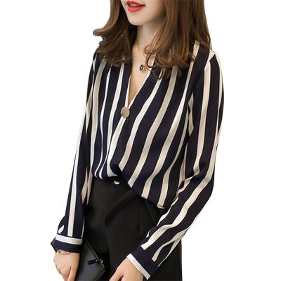 China New Autumn Chiffon V-Neckline Shirt Women's Fashion Anti-pilling Chiffon Plus Size Striped Chiffon Shirt for sale