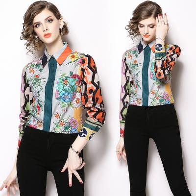 China Autumn Women Fashion Long Sleeve anti-pilling hot sale color block in stock printing shirt for sale