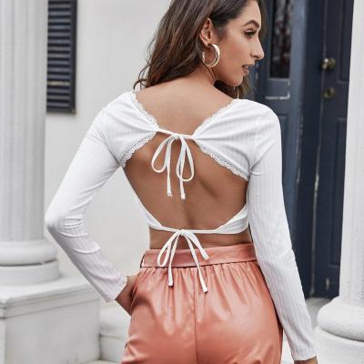 China Hot Sales Anti-pilling V-neck T-shirt Top Women Backless Crop Full Lace Shirt Long Sleeve Tops For Women for sale