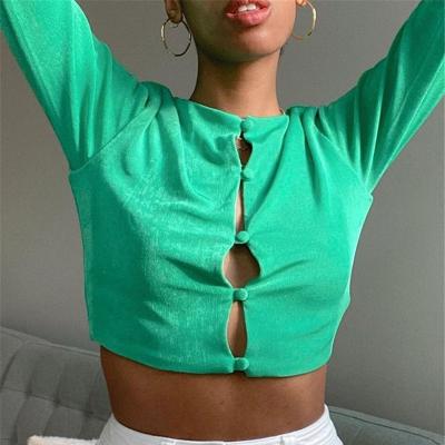 China Streetwear 2021 Breathable Casual Party Club Summer Clothes Solid Women Long Sleeve T-shirt Button Crop Top for sale