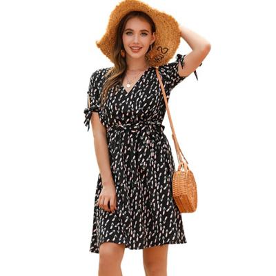 China New Design Anti-wrinkle Women Dress Summer V-Neck Beach Casual Dress Hot Selling Short Sleeve Shater Dresses Women for sale