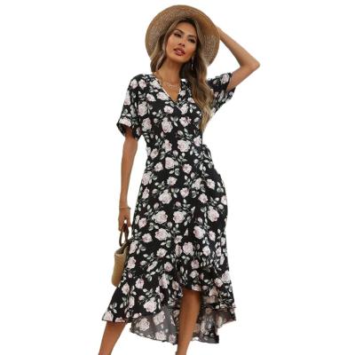 China New Summer Floral Women's Breathable V-Neck Dress Chiffon Wrap Dress for sale