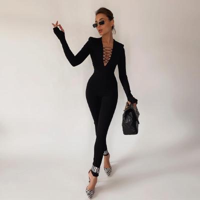 China 2021 Breathable Wholesale Solid Bodycon V Neck One Piece Bandage Autumn Long Sleeve Legging Overalls For Women for sale