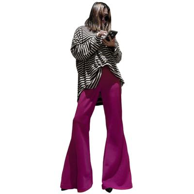 China Wholesale Ladies QUICK DRY Polyester Fashion Rocket Striped Pants Rose Red Glossy Fabric Thick for sale