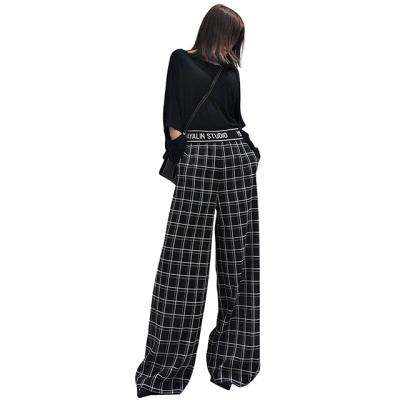 China Wholesale chemical fiber elastic QUICK DRY straight loose plaid waist wide leg pants for women for sale