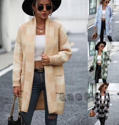 China New Woman Coat Loose Plaid Color Knit Cardigan Sweater for sale