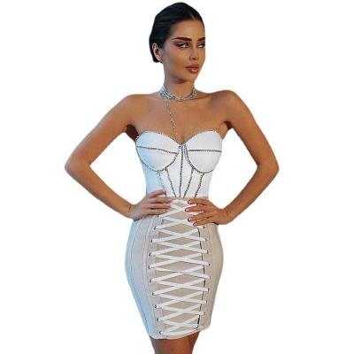 China Sexy Strapless Diamond Drawstring Socialite Bandage Party Dress for sale