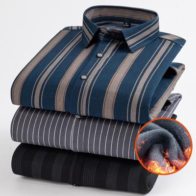 China Warm Shirt Men′ S Plus Velvet Thick Winter Dad Wear Long-Sleeved Striped Business Casual Middle-Aged and Elderly Shirt for sale