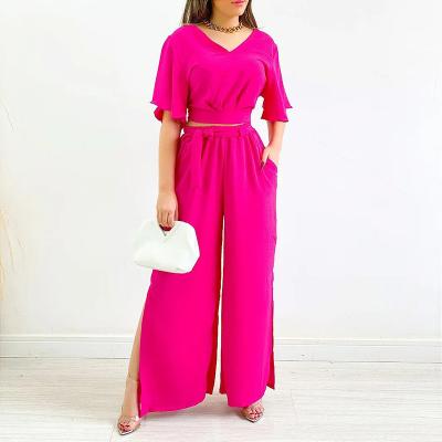 China 2023 Lady New V-Neck Lotus Leaf Sleeve Short Sleeve Shirt High Waist Wide Leg Pants Large Size Casual Suit Set for sale