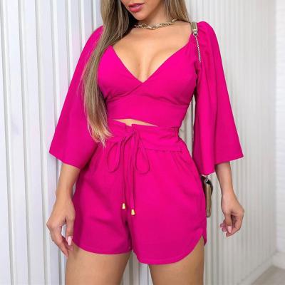 China 2023 Women′s New Product V-Neck Backless Flared Sleeve Shirt High Waist Shorts Fashion Casual Suit Set for sale