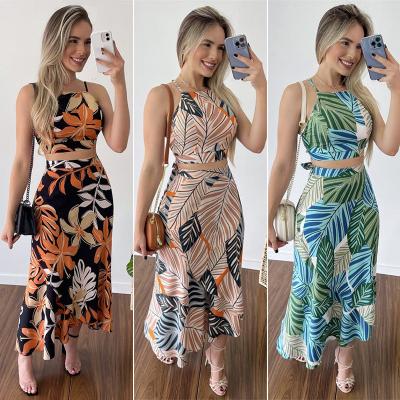 China 2023 Casual Suit New Printed Short Drawstring Vest High Waist Half Skirt Two-Piece Set for sale