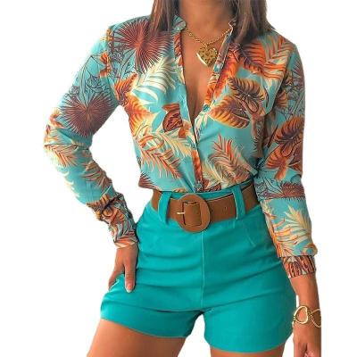 China Women′s 2 Piece Casual Outfit Sets Printing Long Sleeve Shirt and Loose High Waisted Mini Shorts Set Suit for sale