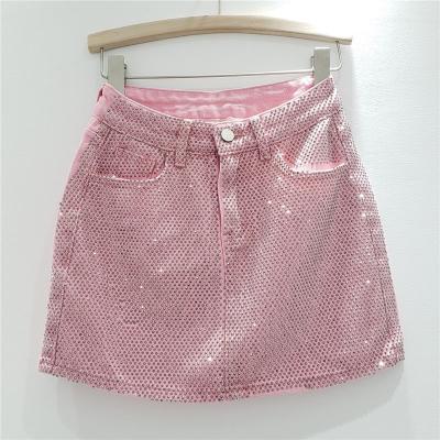 China Hot Drill Denim Skirt Women High Waist A Line Hip Skirts for sale