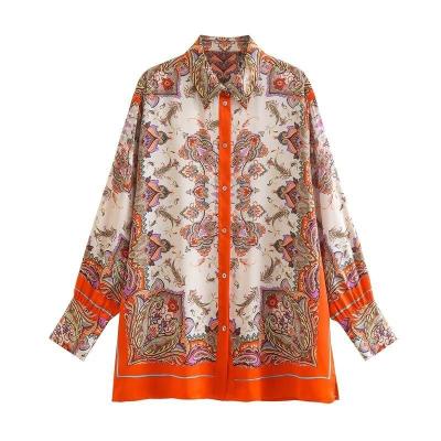 China Satin Printed Single-Breasted Polo Collar Long-Sleeved Shirt Blouse for sale